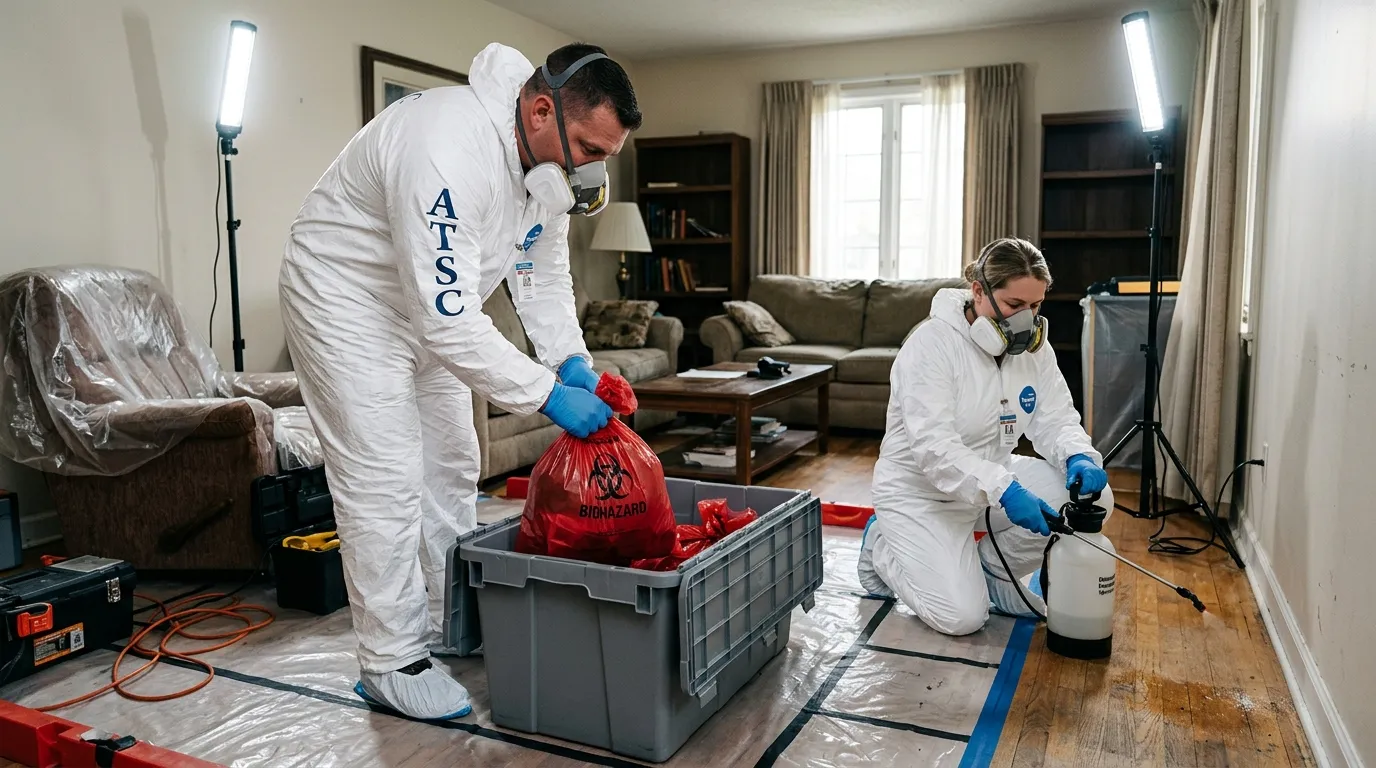 Professional Biohazard Cleanup technician in full PPE working in North Druid Hills